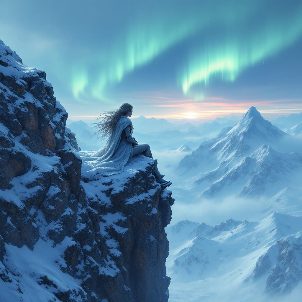 Valkyrie on Frozen Mountain Peak in Fantasy Art