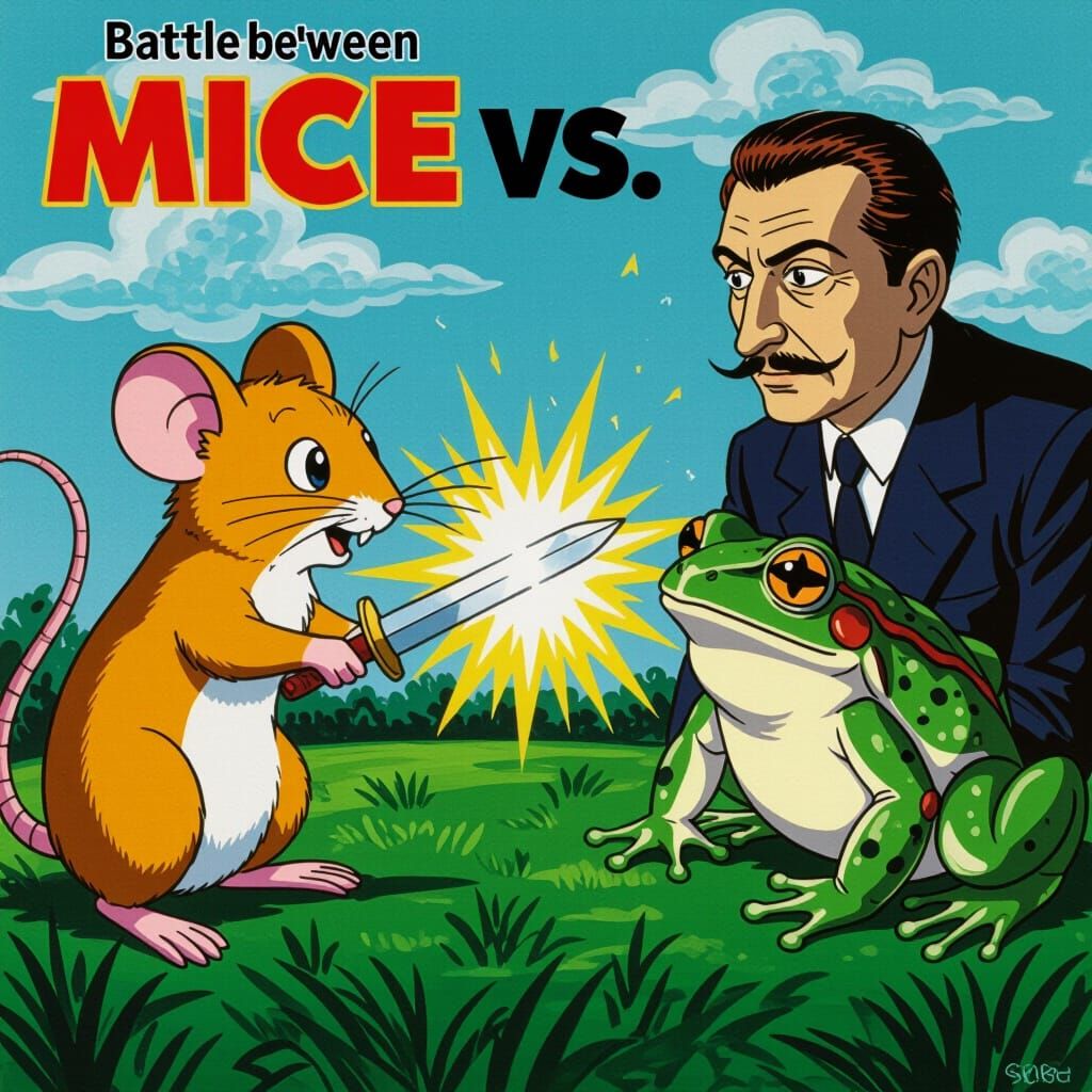 Anime Mice vs Frogs Epic Battle in Soutine Dali Style