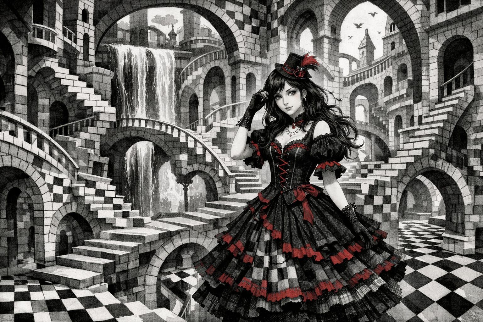 Whimsical Woman in Gingham Cityscape