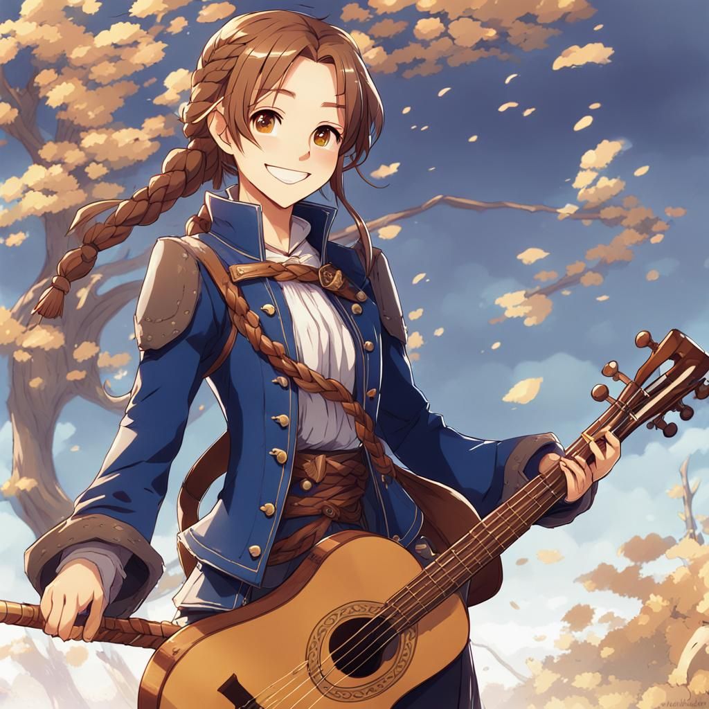 Anime Woman in Leather Jacket with Lute