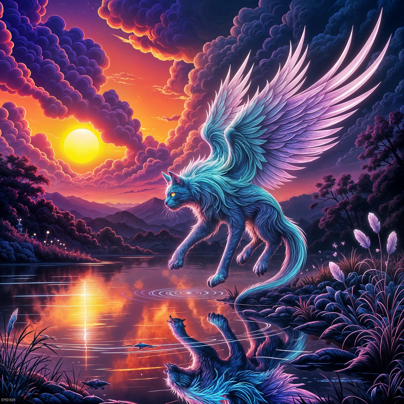 Neon Catbird Snaring Fish in Cosmic Sunset