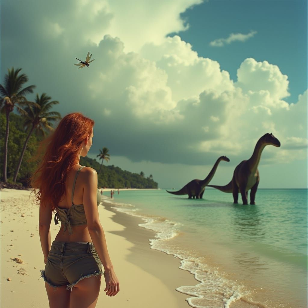 Paleontologist on Tropical Shore with Dinosaurs