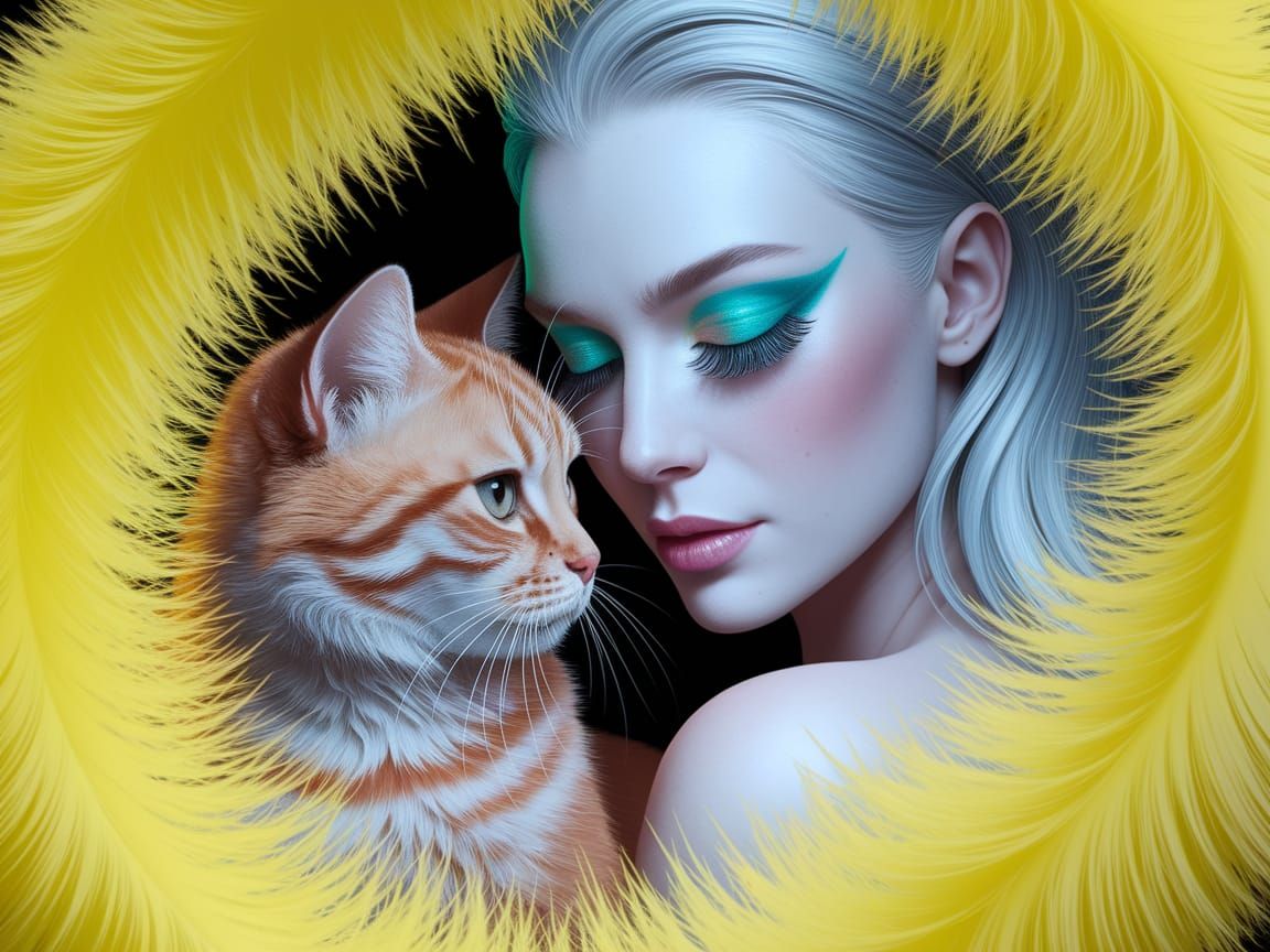 Serene Fantasy Portrait with Vibrant Cat