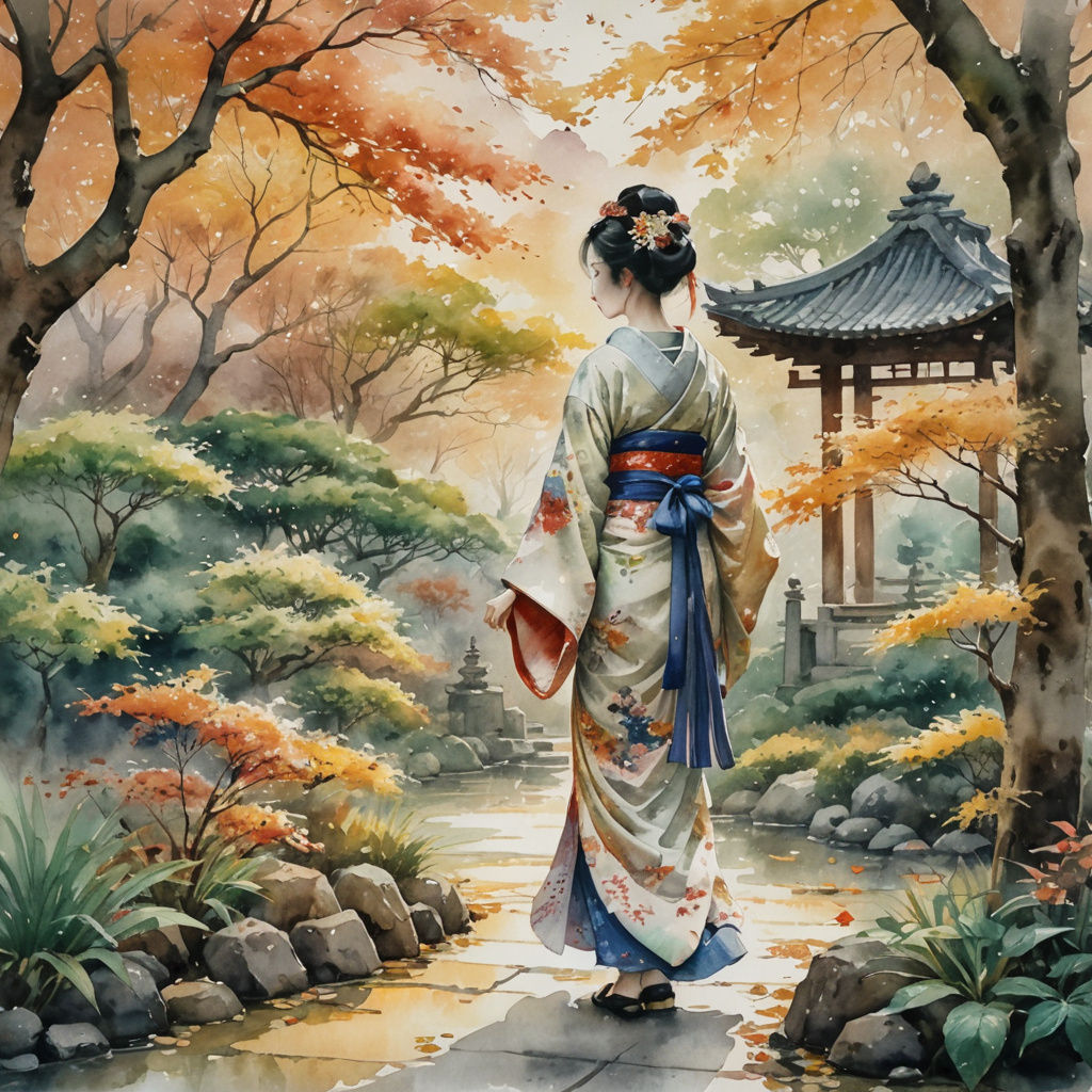 Ethereal Geisha in Asian Autumn Landscape