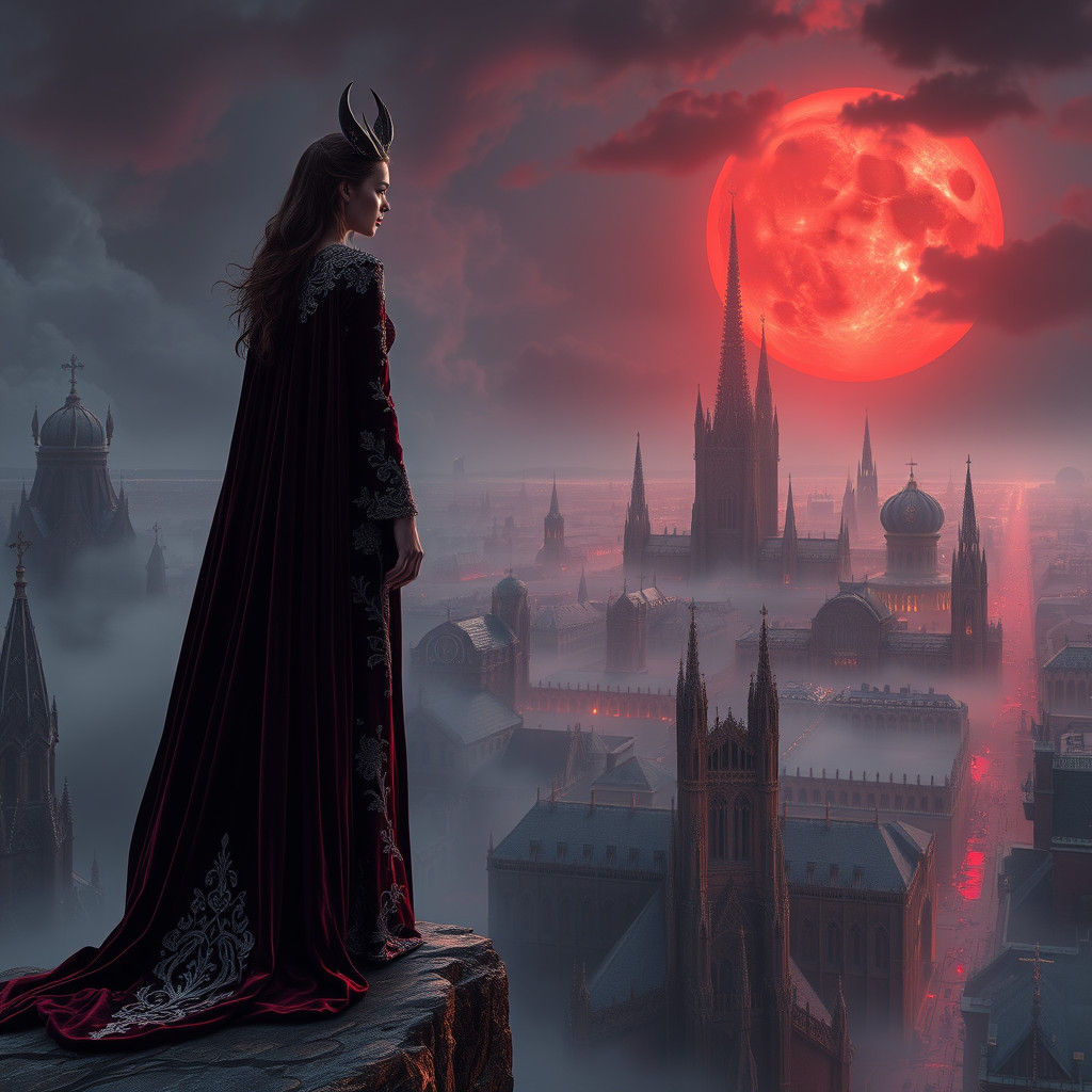 Mystical Lilith Overlooking Ancient Gothic City