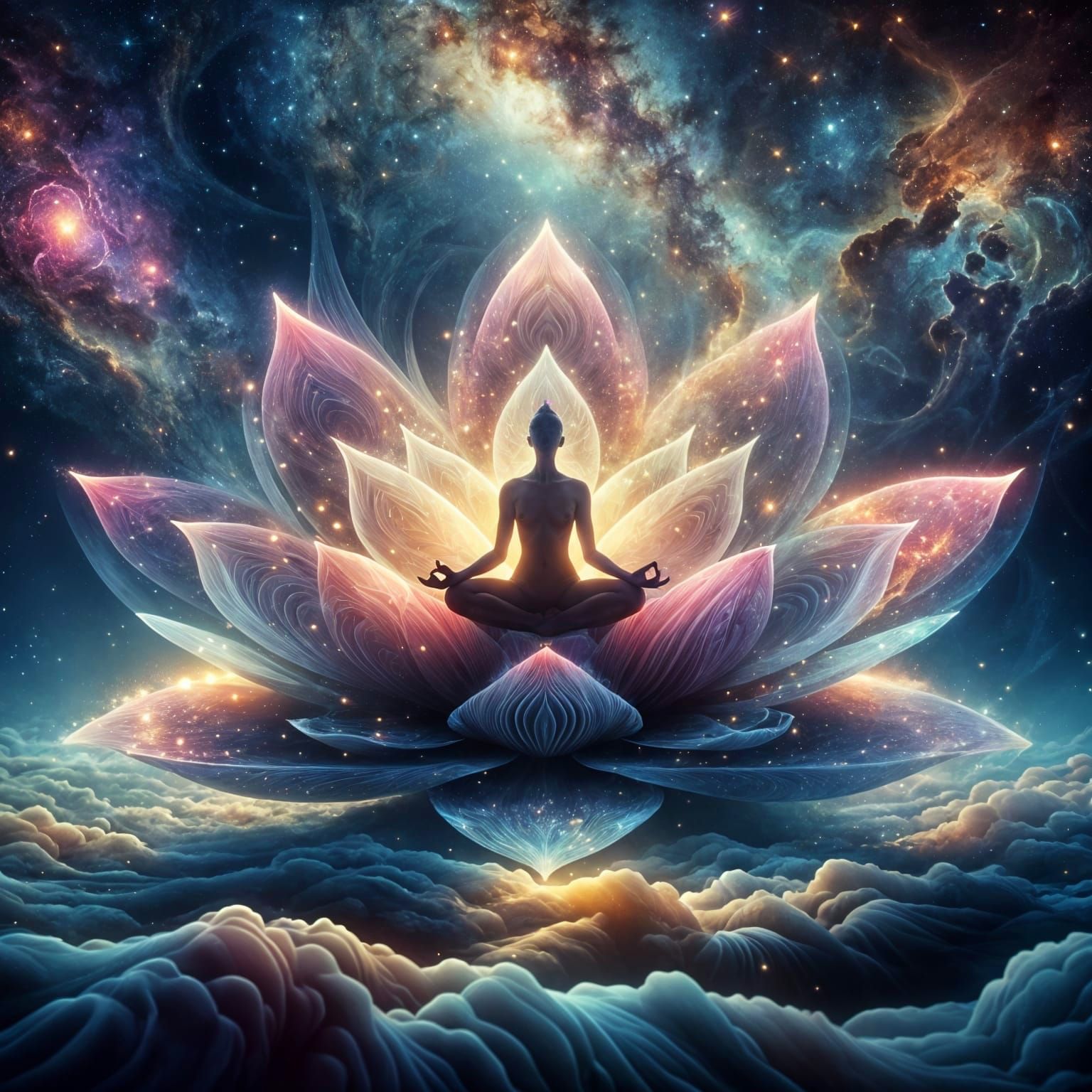 Ethereal Lotus Goddess in Cosmic Bloom