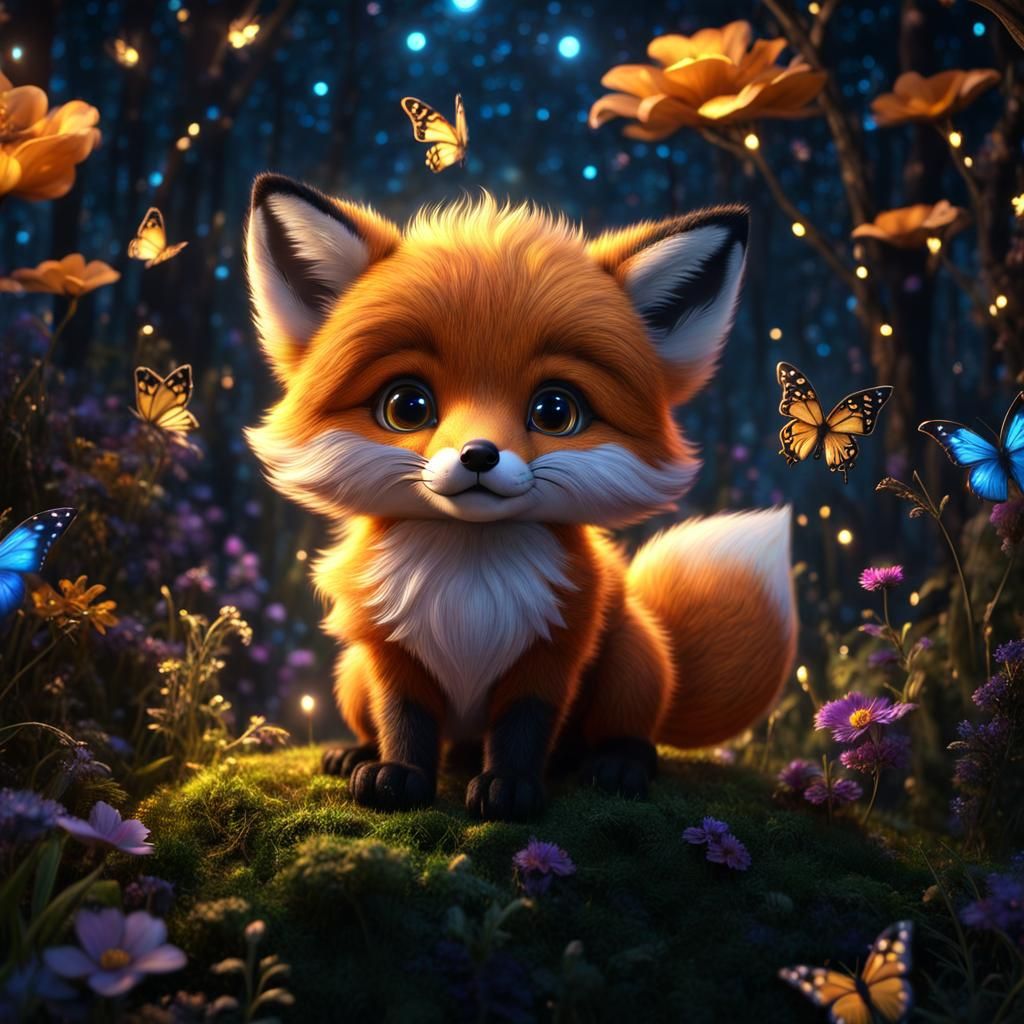 Enchanted Baby Fox in Galaxy Night Sky