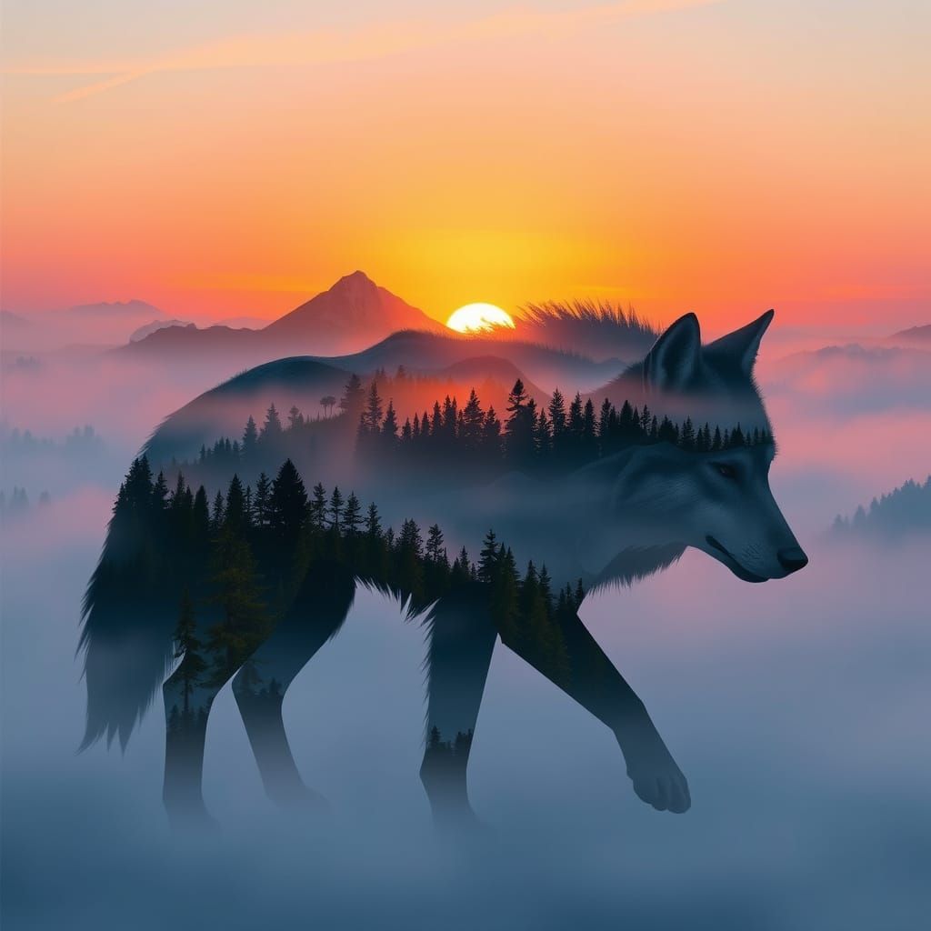 Wolf Formed from Sunset Mountain Range in Dreamlike Style