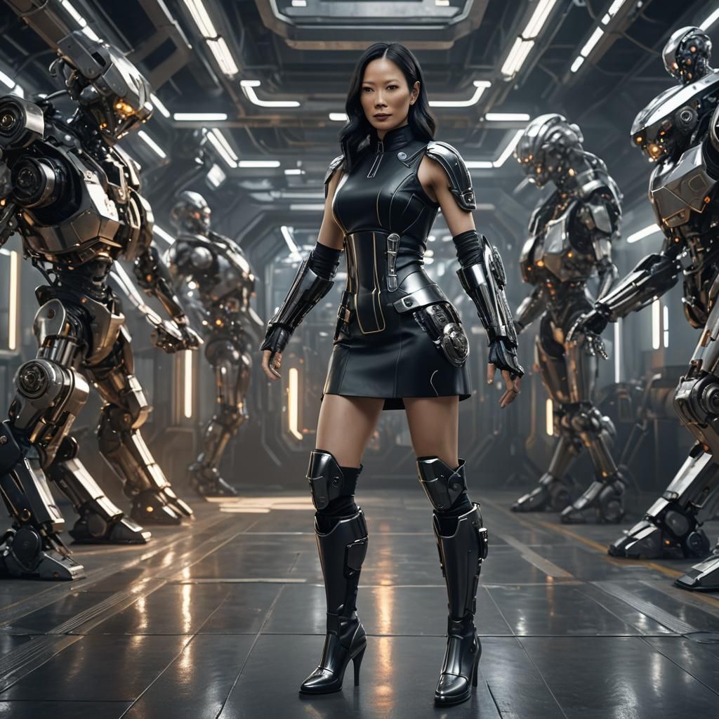 Futuristic Showdown: Lucy Liu vs. Cyborg in Sci-Fi Battle