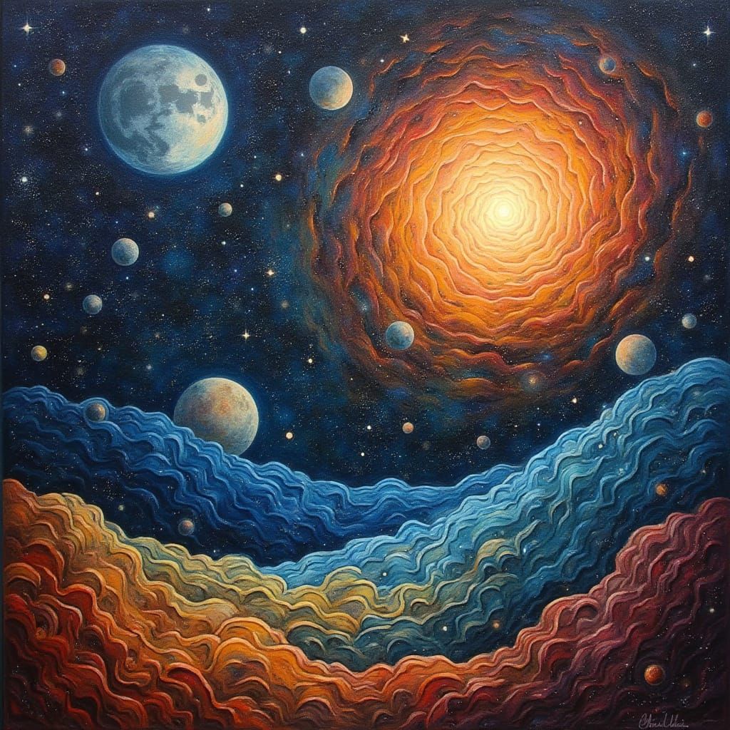 Surreal Nebula with Planets in Oil on Canvas Style