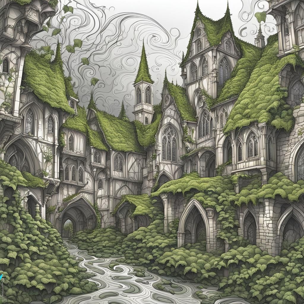 Rainy Gothic Town with Woods and Ivy