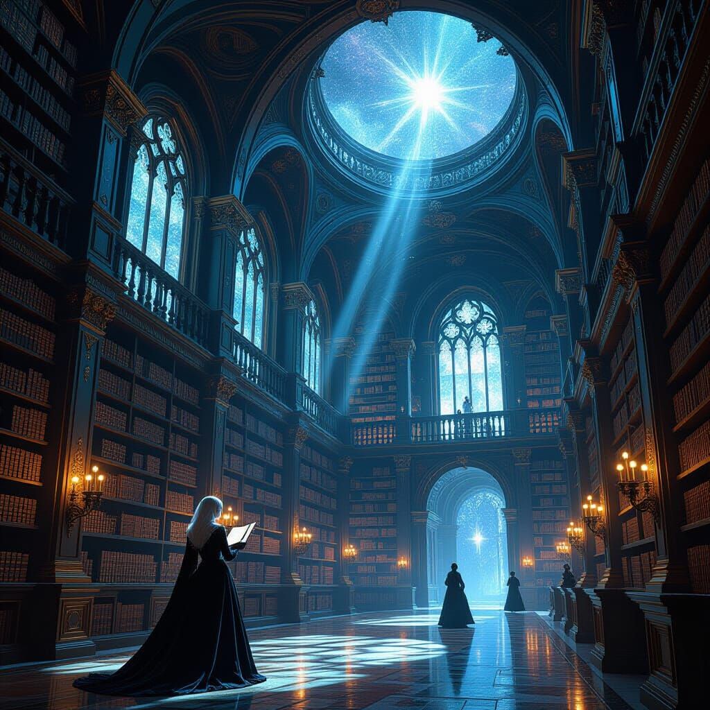 Ancient Nebula Library with Cosmic Tomes