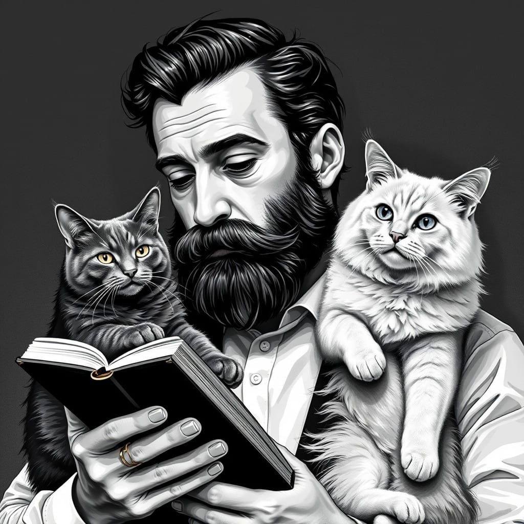Bearded Sommelier with Book and Cat in Monochrome
