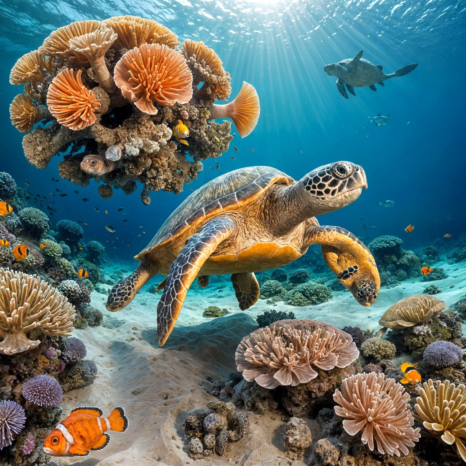 Underwater Coral Reef Scene with Sea Turtle