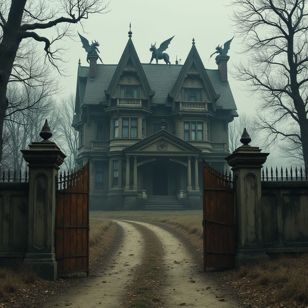 Gothic Haunted Mansion with Gargoyles