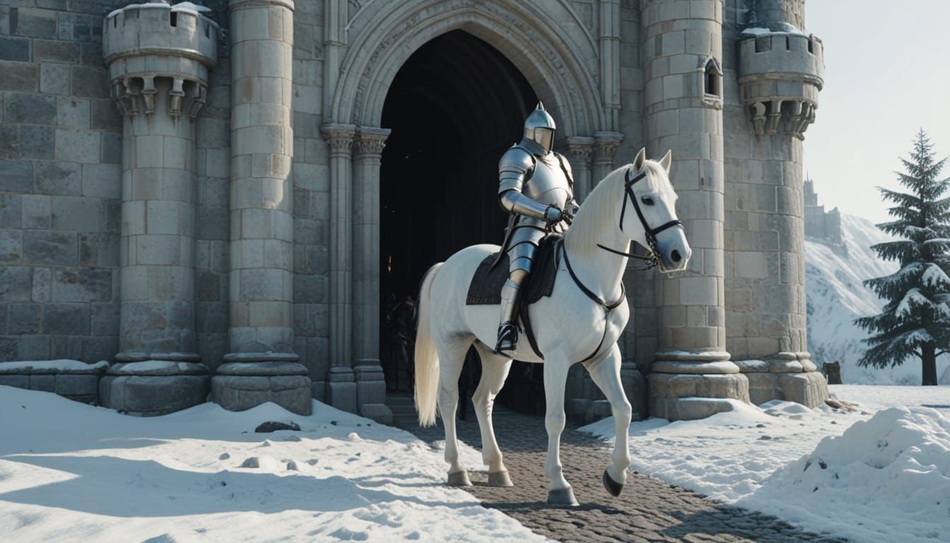 White Castle in Snowy Landscape with Knight