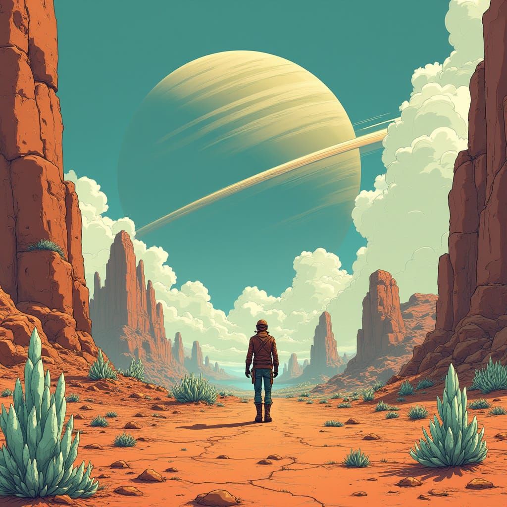 Lone Biker on Alien Planet Gazing at Gas Giant