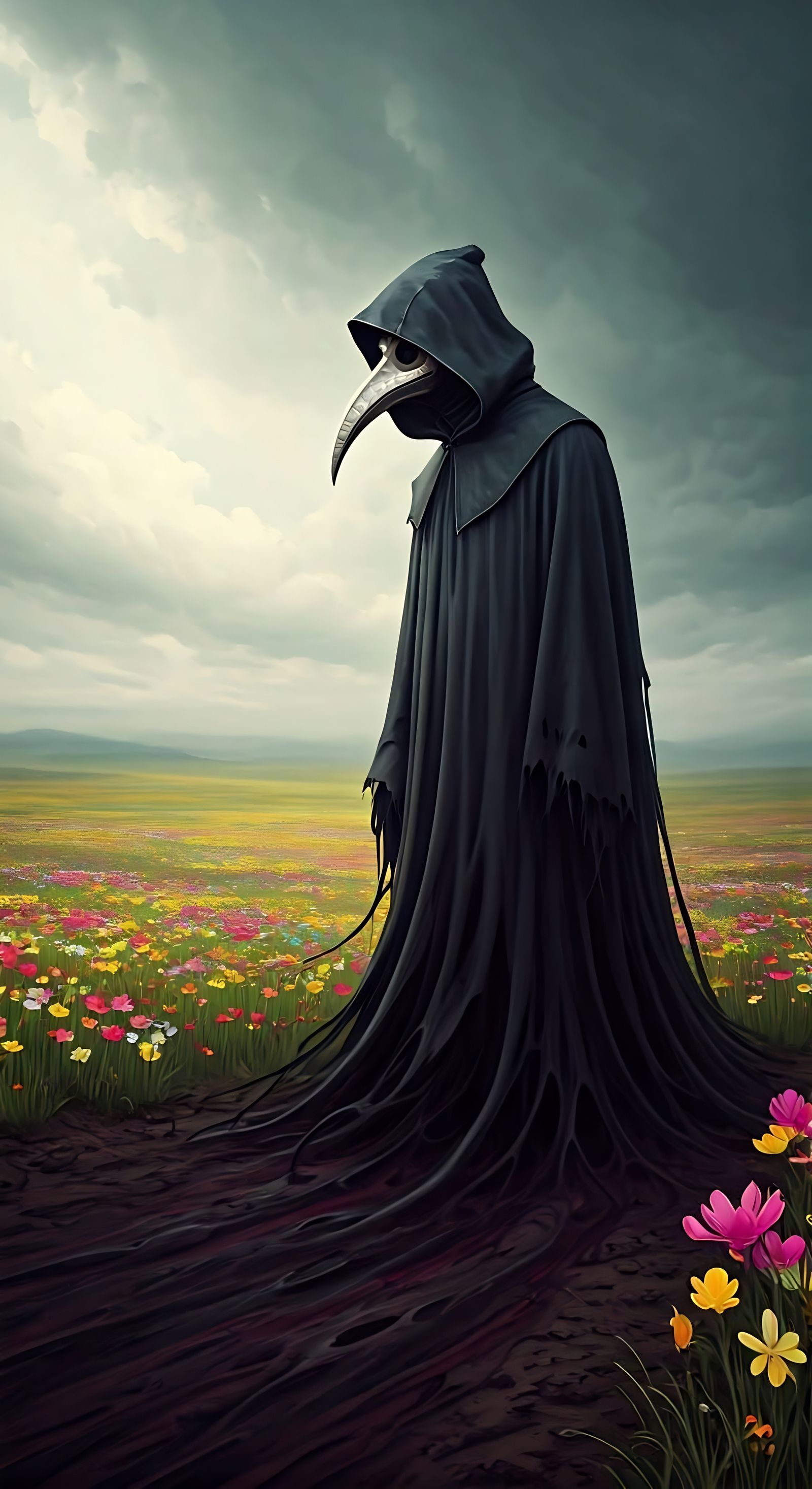 A Plague Doctor Taints Vibrant Landscapes