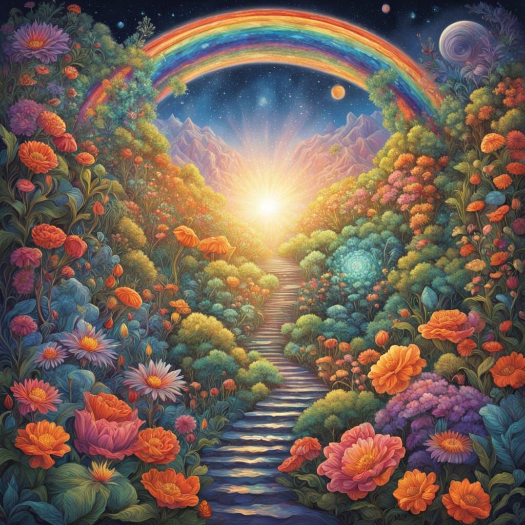 Cosmic Garden Radiates Vibrant Colors Under a Rainbow Arch