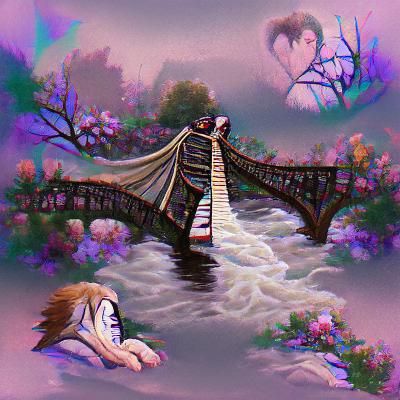 Bridge in Cloudy Gardens: Ethereal Dreamscape