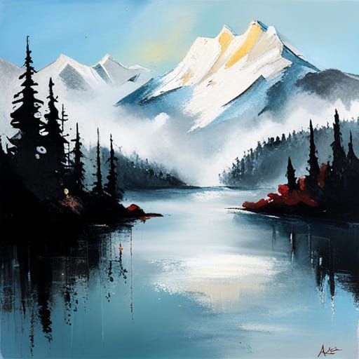 Misty Mountain Lake: Glistening Oil Painting