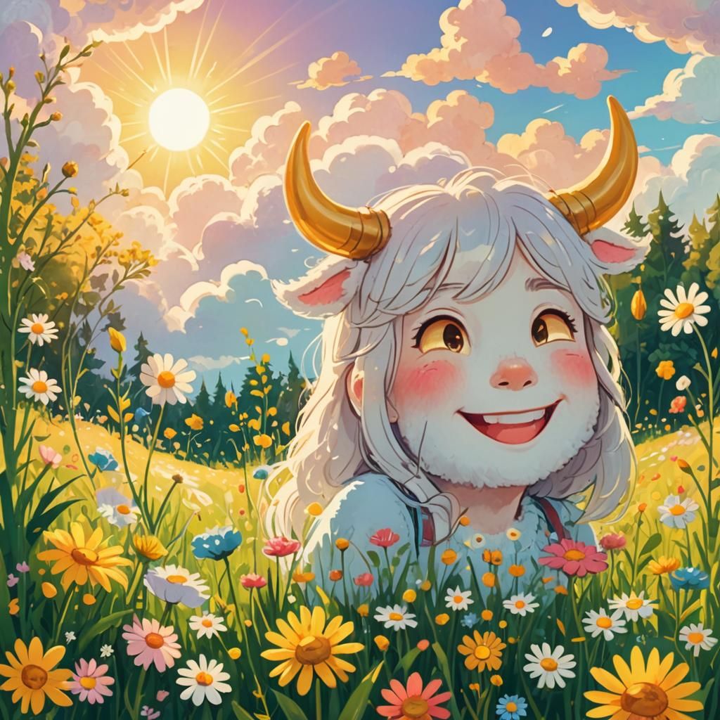 Smiling Person in Sunny Meadow Cartoon Illustration