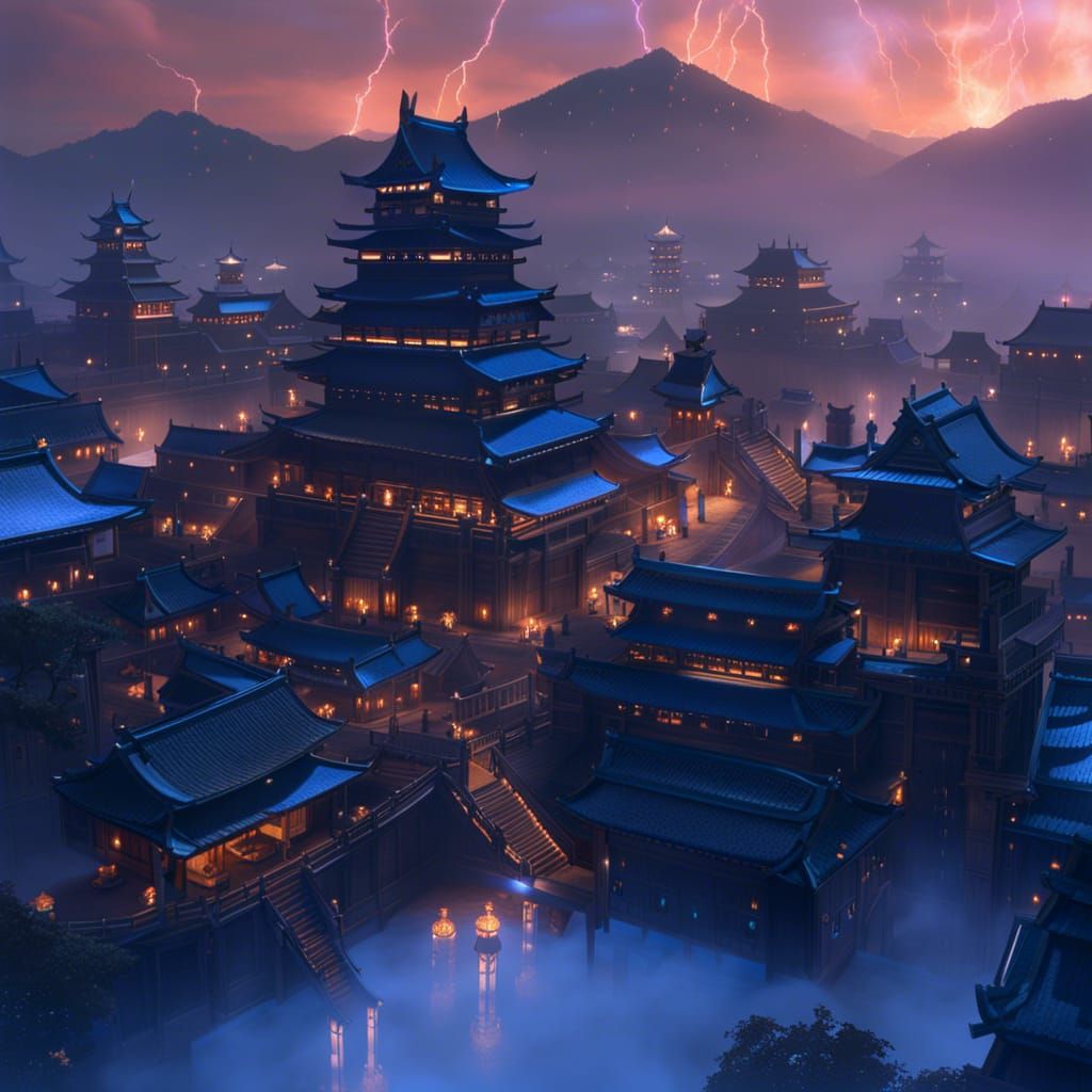 Feudal Japanese City Ablaze with Blue Fire