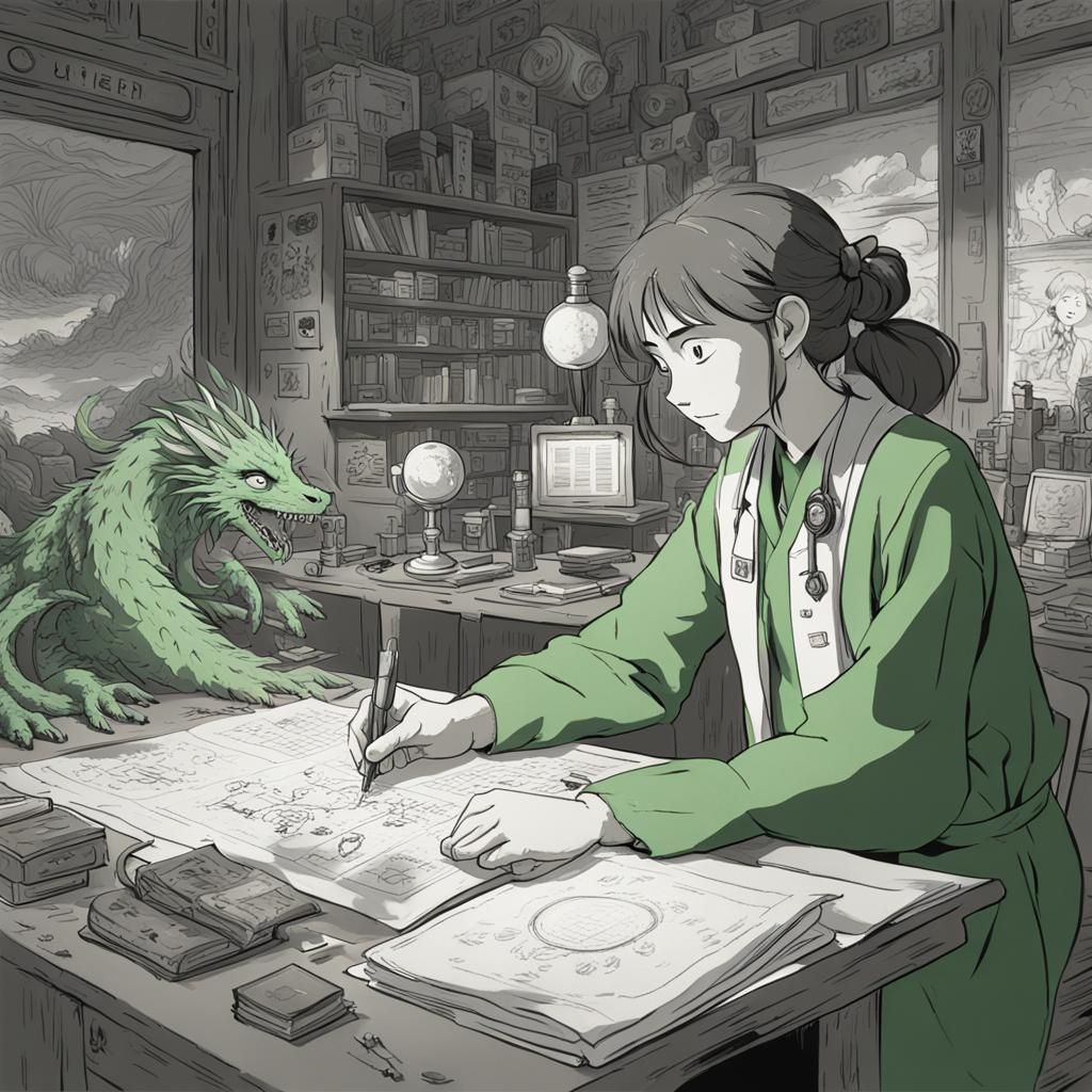Distressed Scientist in Ghibli-Style Monochrome World
