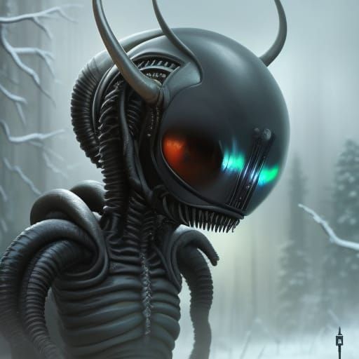 Tiny cute and adorable Xenomorph (Alien movie characters) with wet doe-eyes on a winters day, detailed surreal art by Mi...