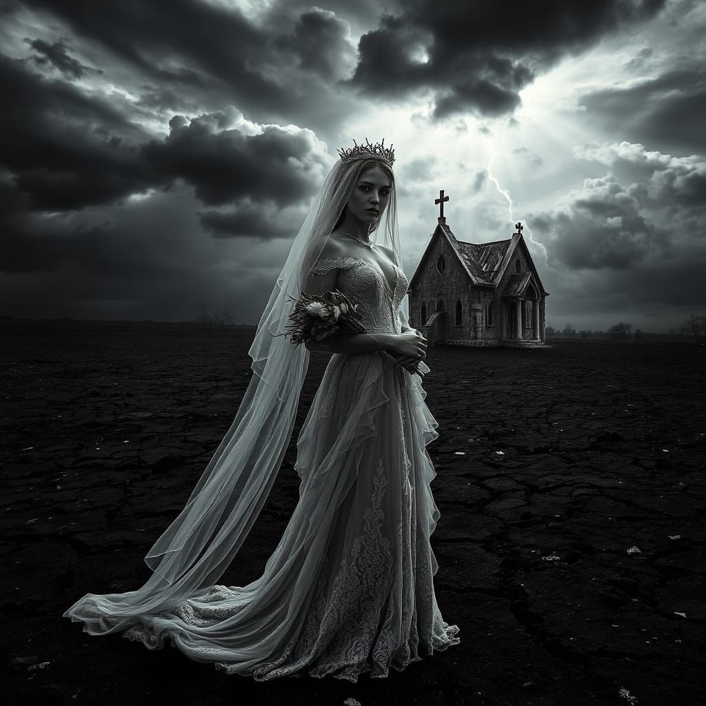 Monochrome Wasteland: Veiled Woman in Charred Wedding Dress