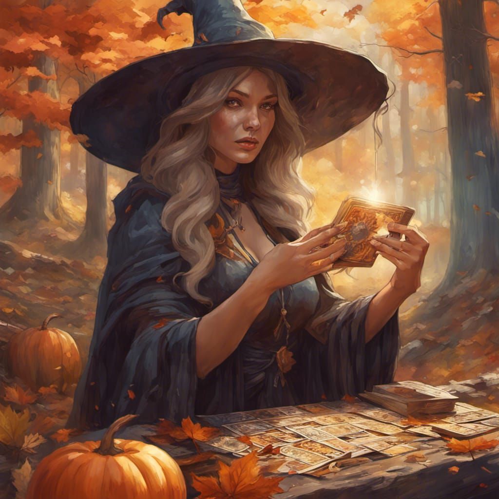 Witch's Tarot Ritual in Autumn Forest, Hyperdetailed Art