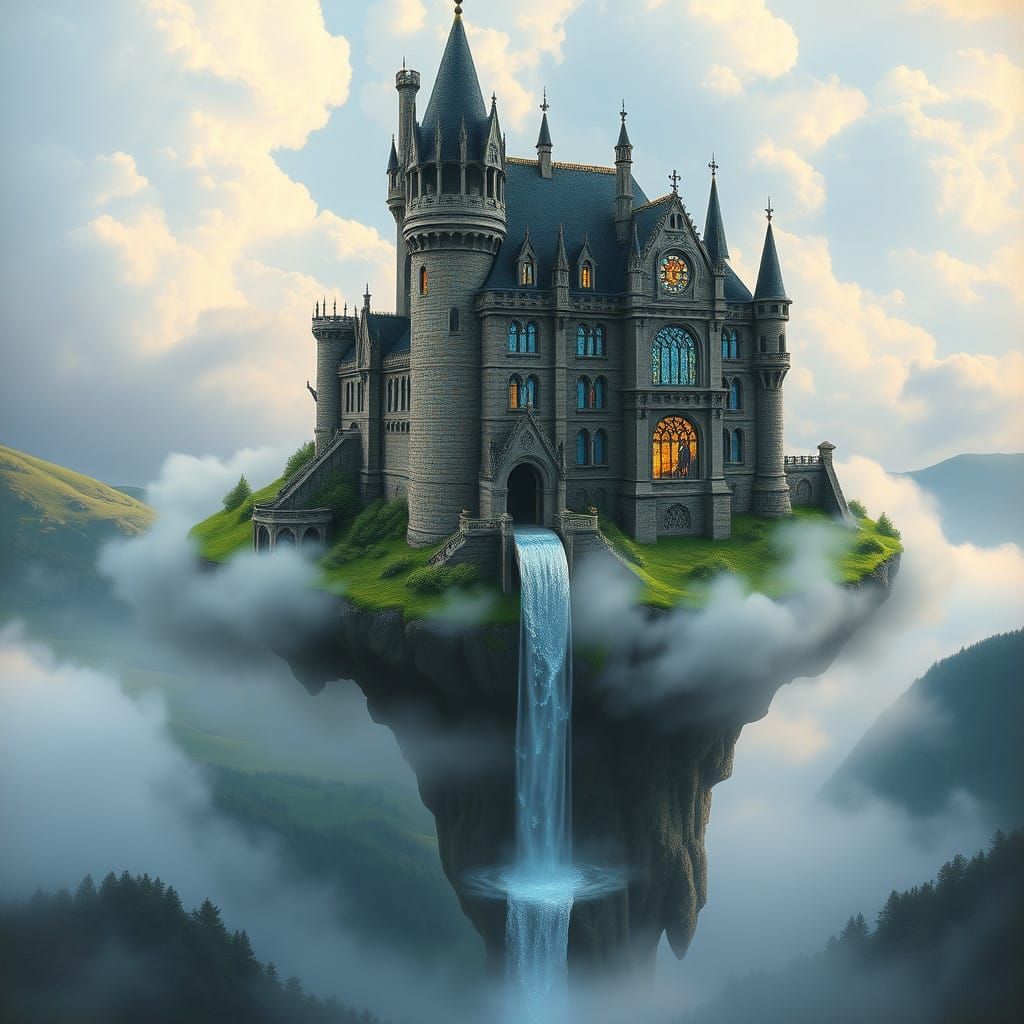 Majestic Castle in Whimsical Cloud Landscape