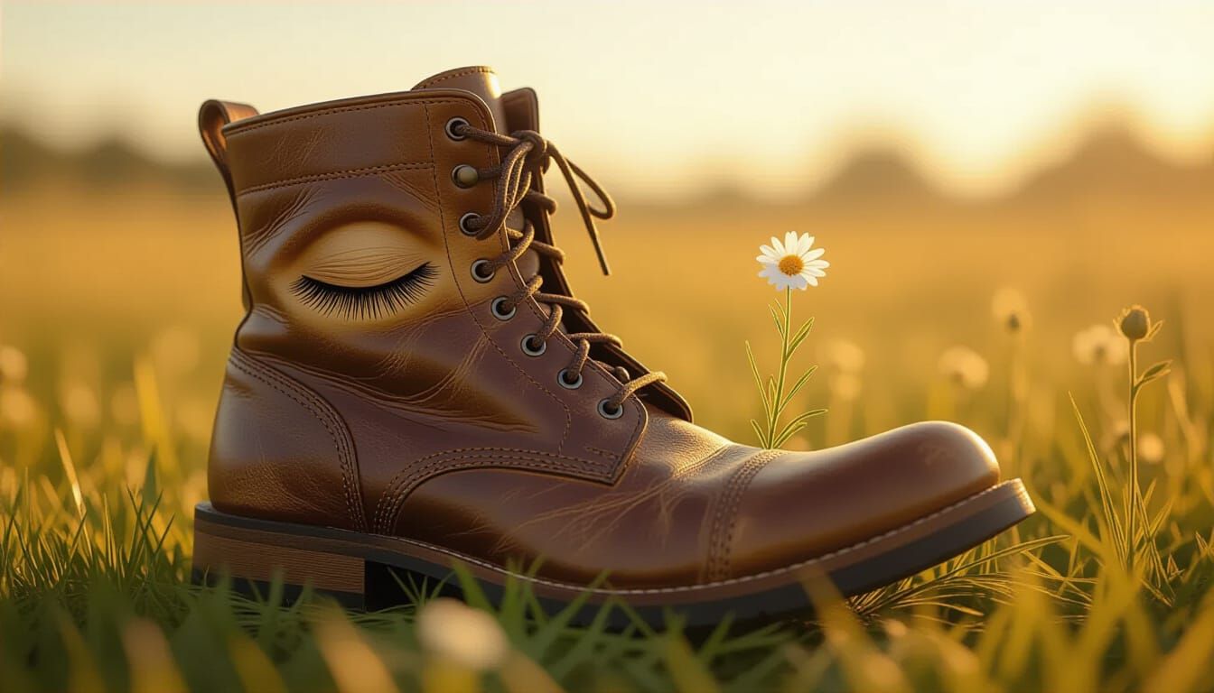 Sleepy Boot with Wildflower in Surreal Meadow