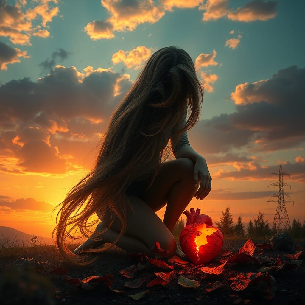 Glowing Woman in Digital Art Landscape at Sunset
