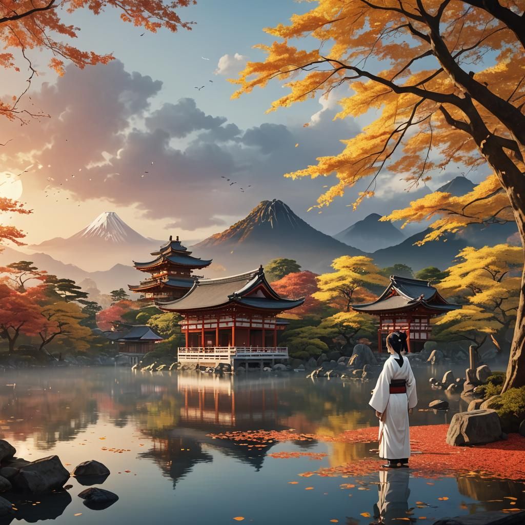 Autumn Temple Scene in Anime Style