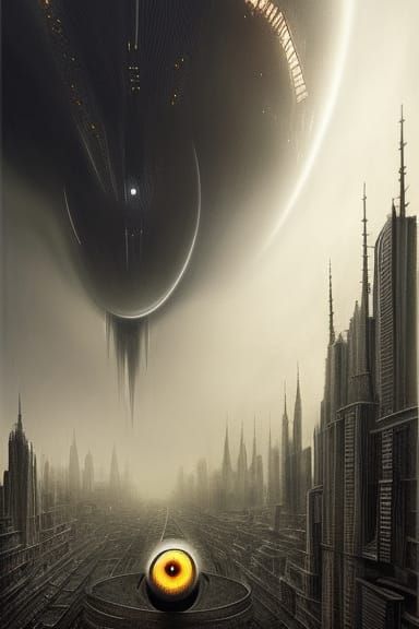 Burning Sauron Eye Over Dystopian City