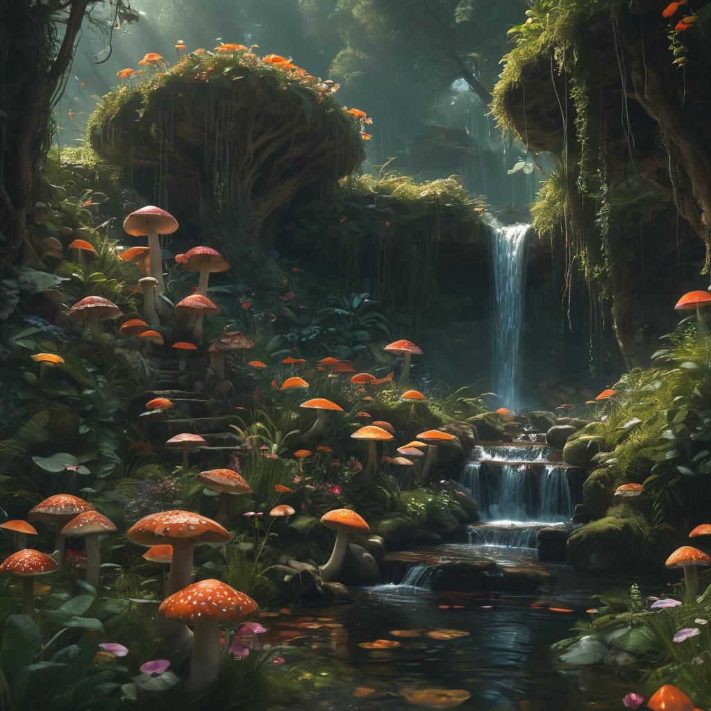 Enchanted Waterfall in a Mystical Mushroom Forest