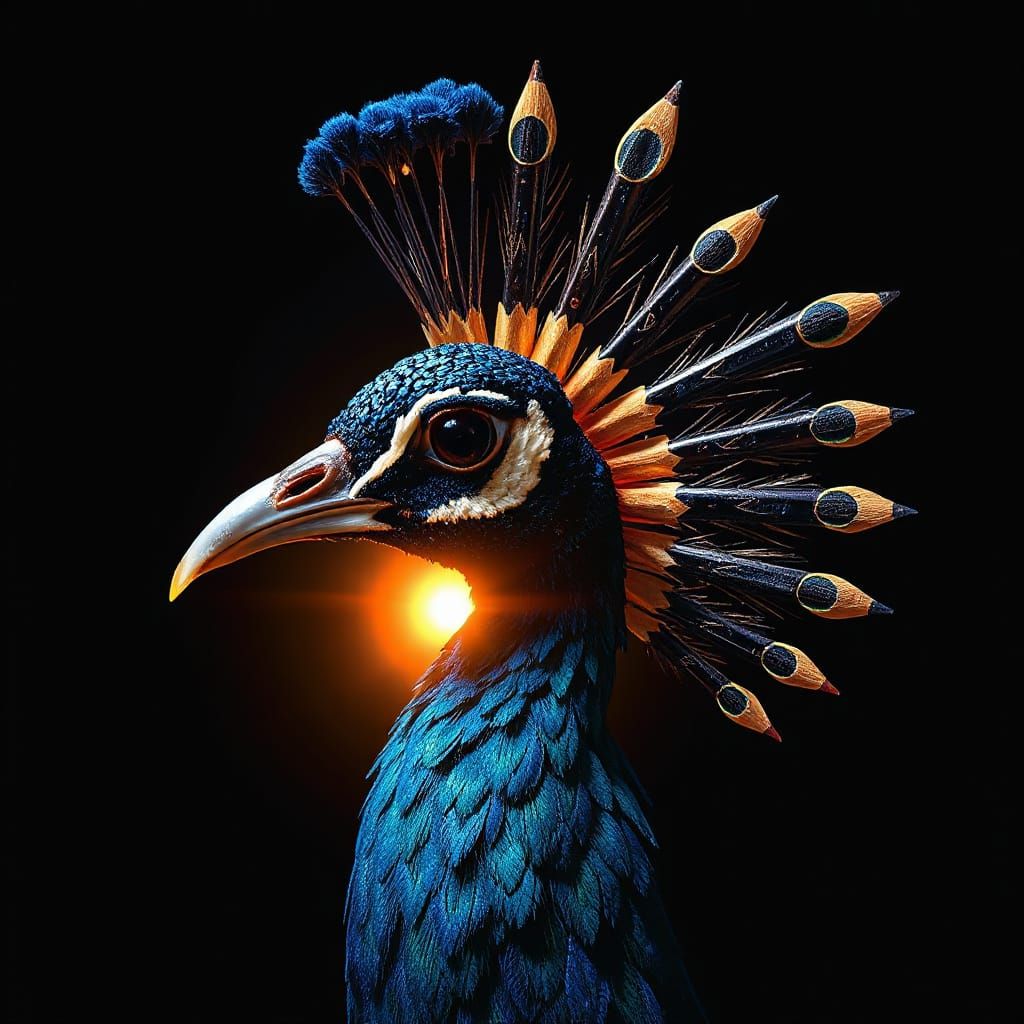 Majestic Peacock Formed from Colored Pencil Fragments