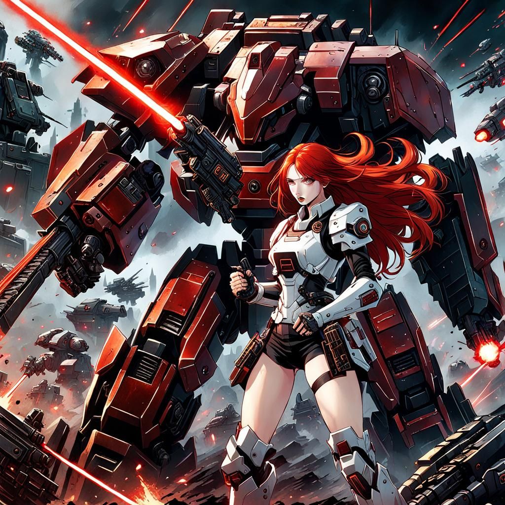 Redhead Manga Warrior Battles Mech in Grimdark World