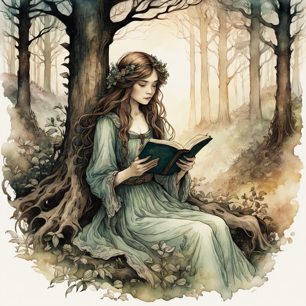 Woman Reading in Forest, Arthur Rackham Style