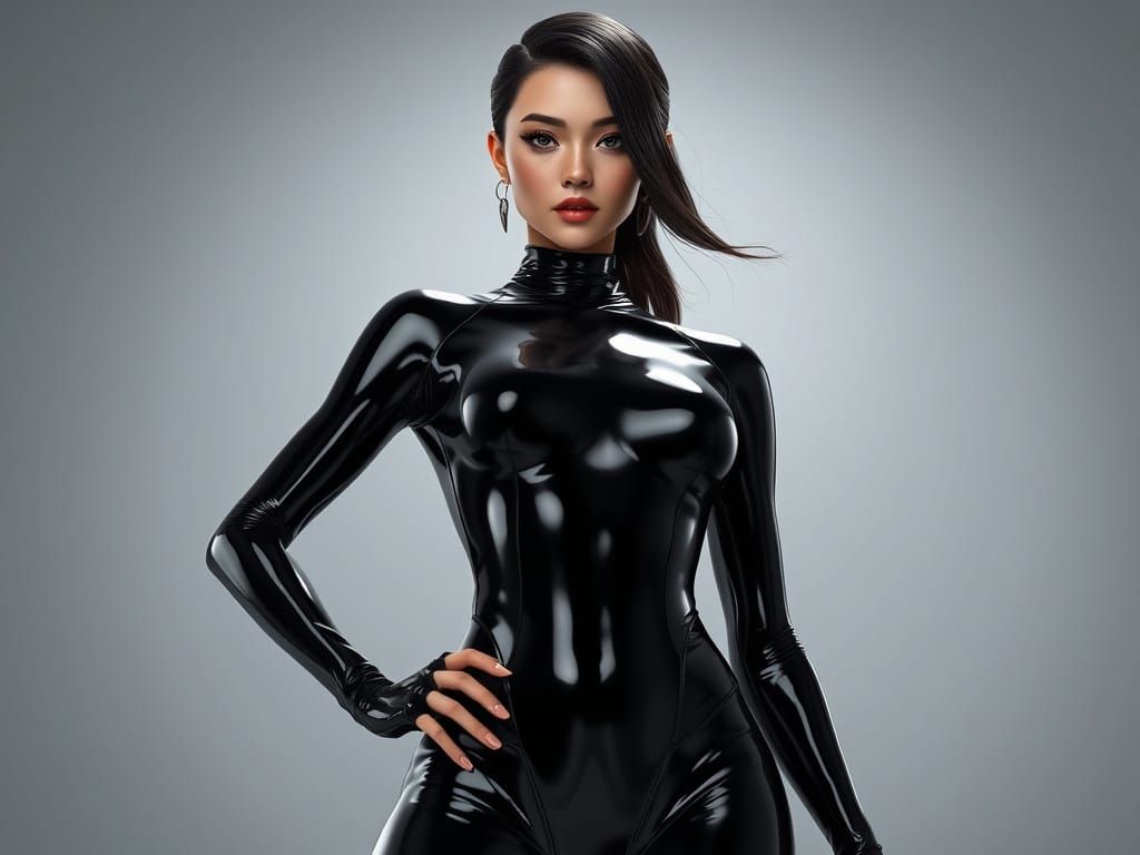 Sleek Woman in High-Gloss Latex Body Suit, 3D Anime Art