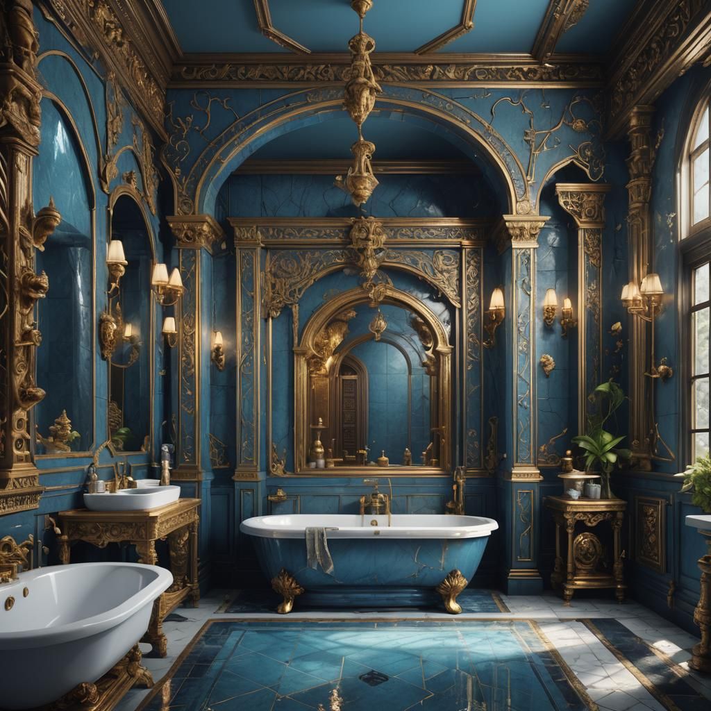 Fantastical Blue Ceylon Bathroom in Detailed Matte Painting