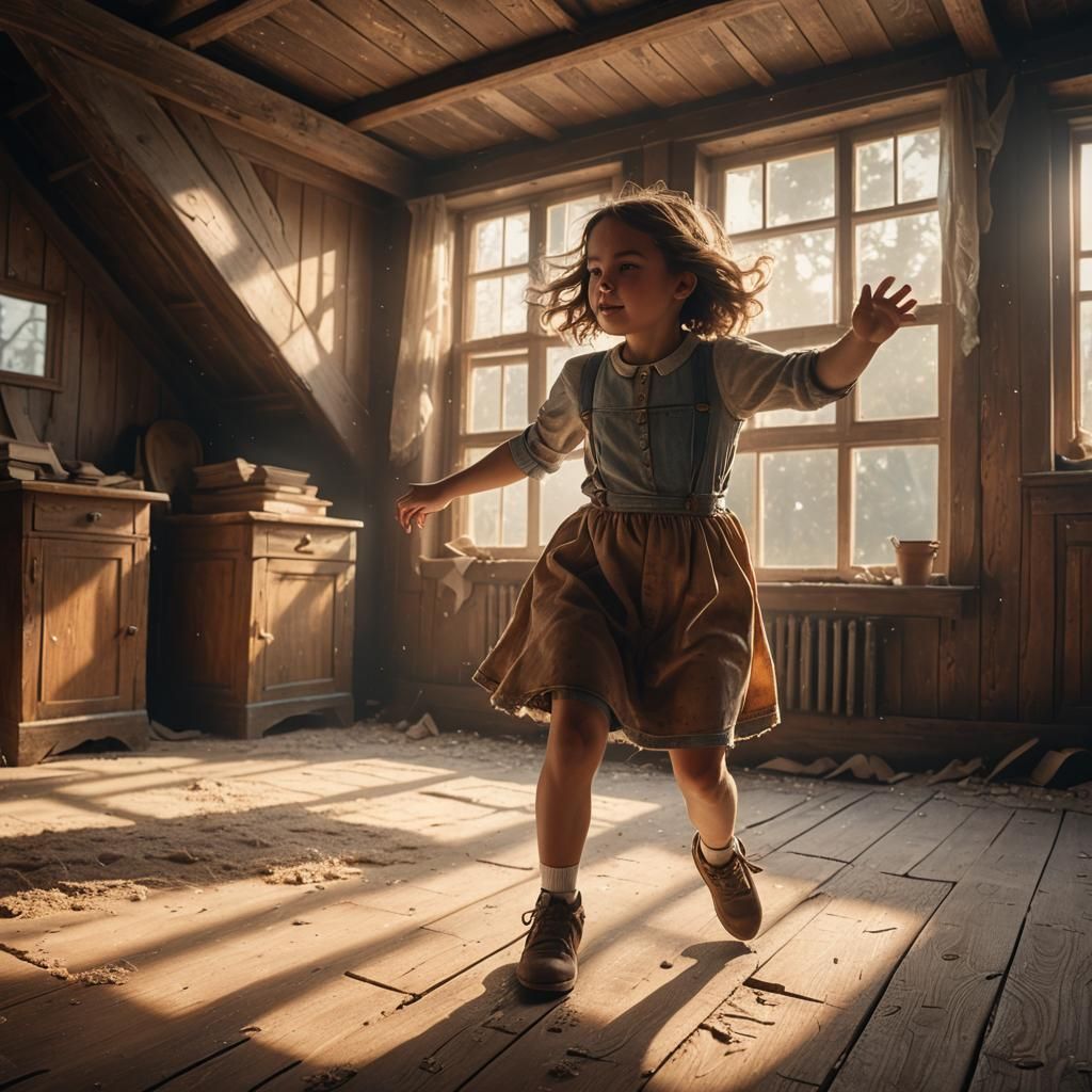Little Girl Dancing in Attic with Dust-Filled Light