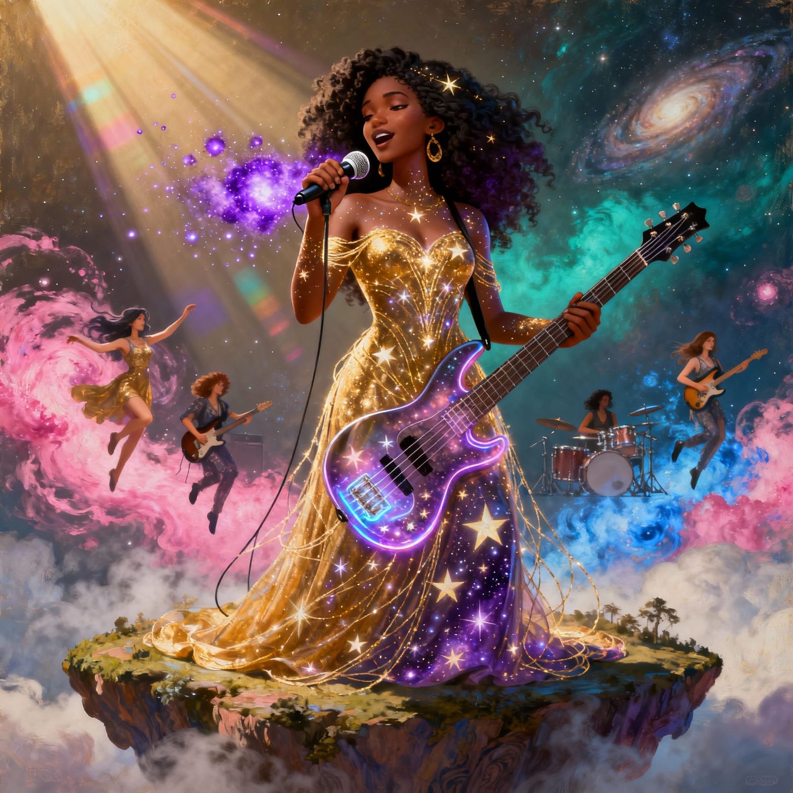 Afro-Latina Goddess with Cosmic Guitar and Mic