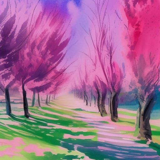 Pink Dress in Meadow Gouache Style