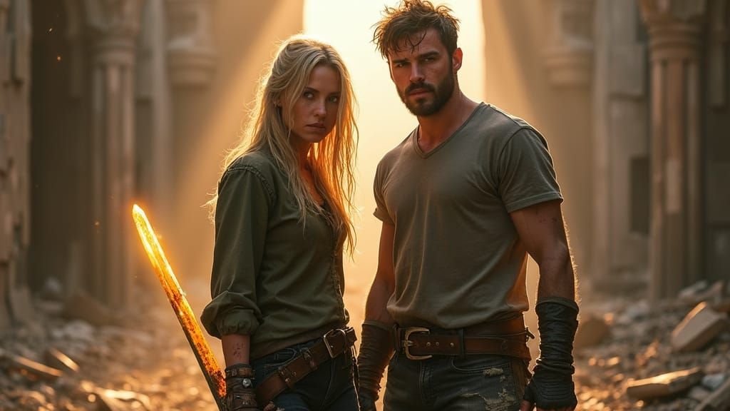 Gritty Heroic Scene of Resilient Warrior in Ruined Church Co...