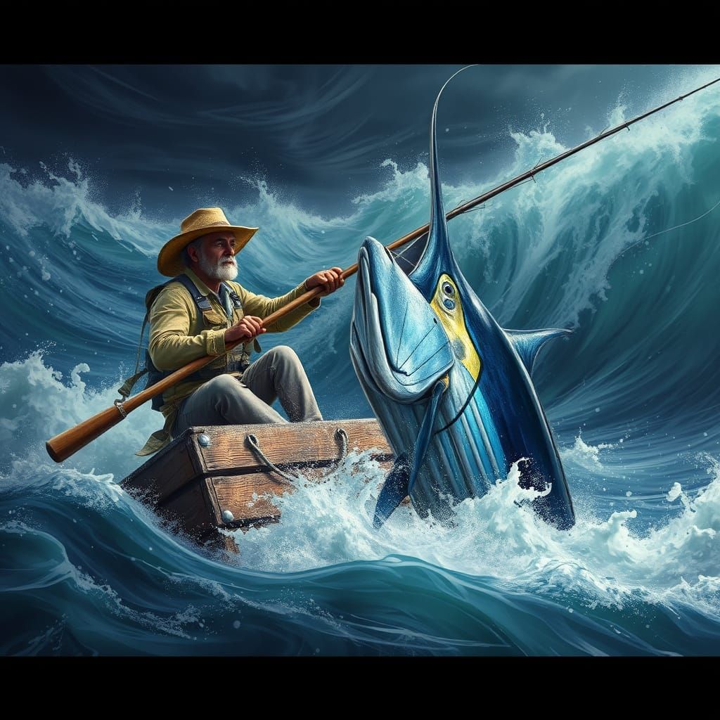 Fisherman Battles Marlin in Stormy Seas: Hyperrealistic Deta...