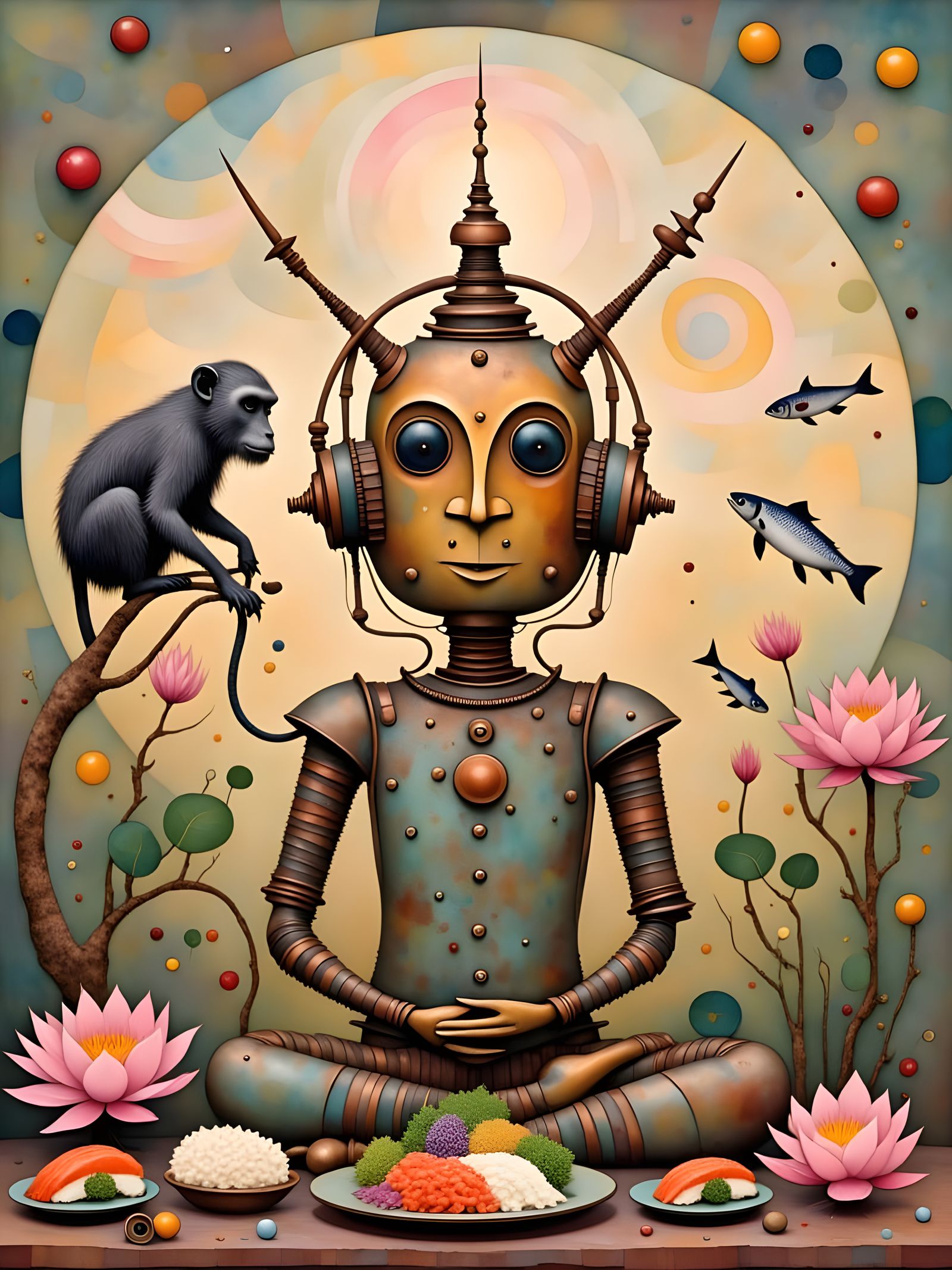 Steampunk Buddha Robot Meditating with Flying Fish