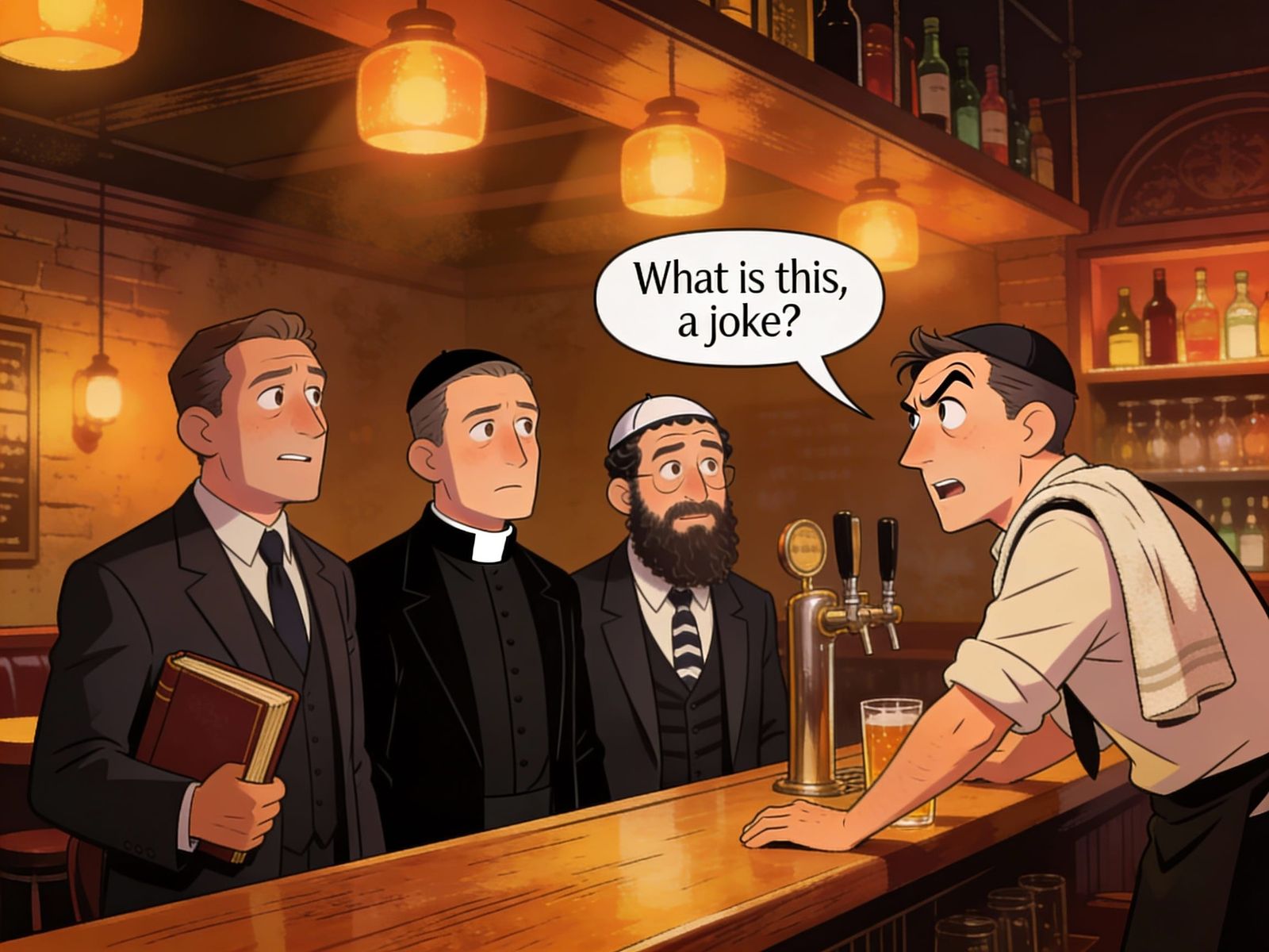 Religious Leaders at a Bar in Cartoon Style