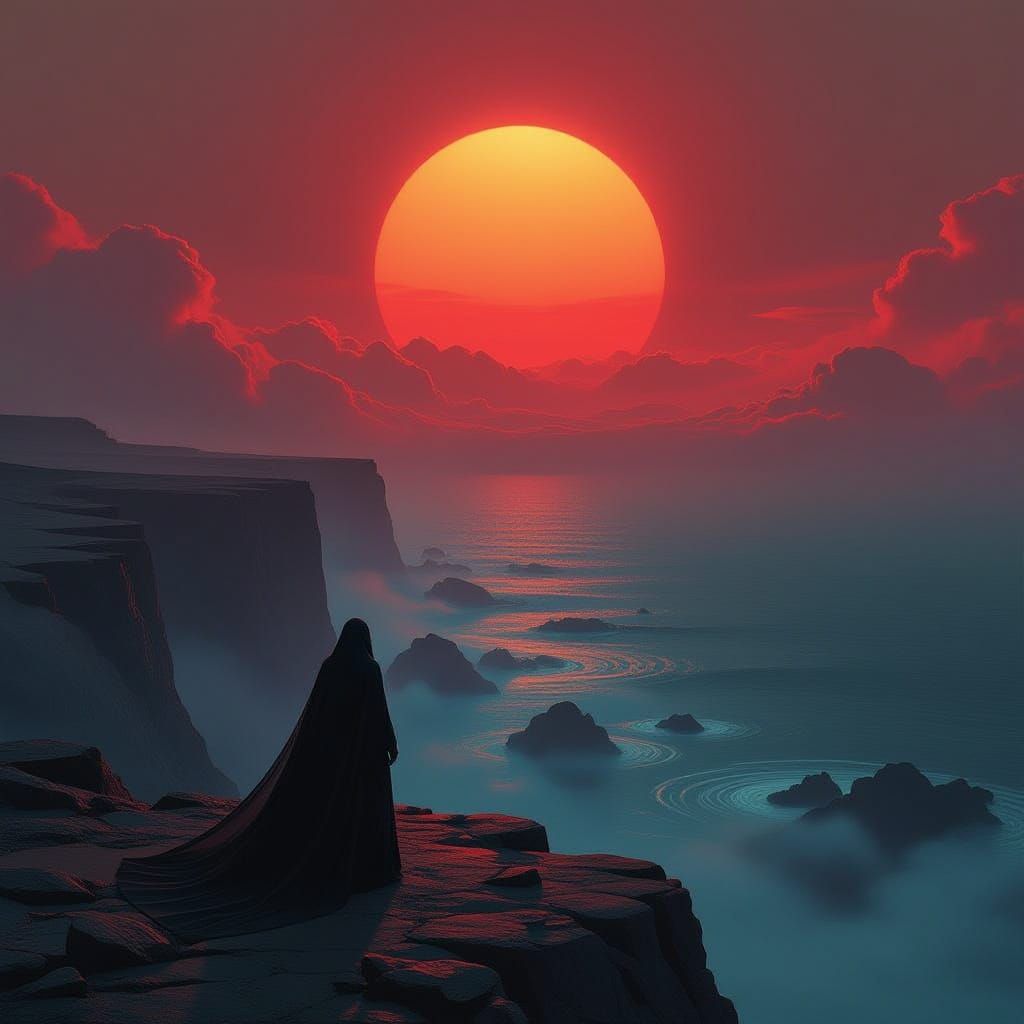 Twilight Landscape with Vermilion Sun and Cloaked Figure